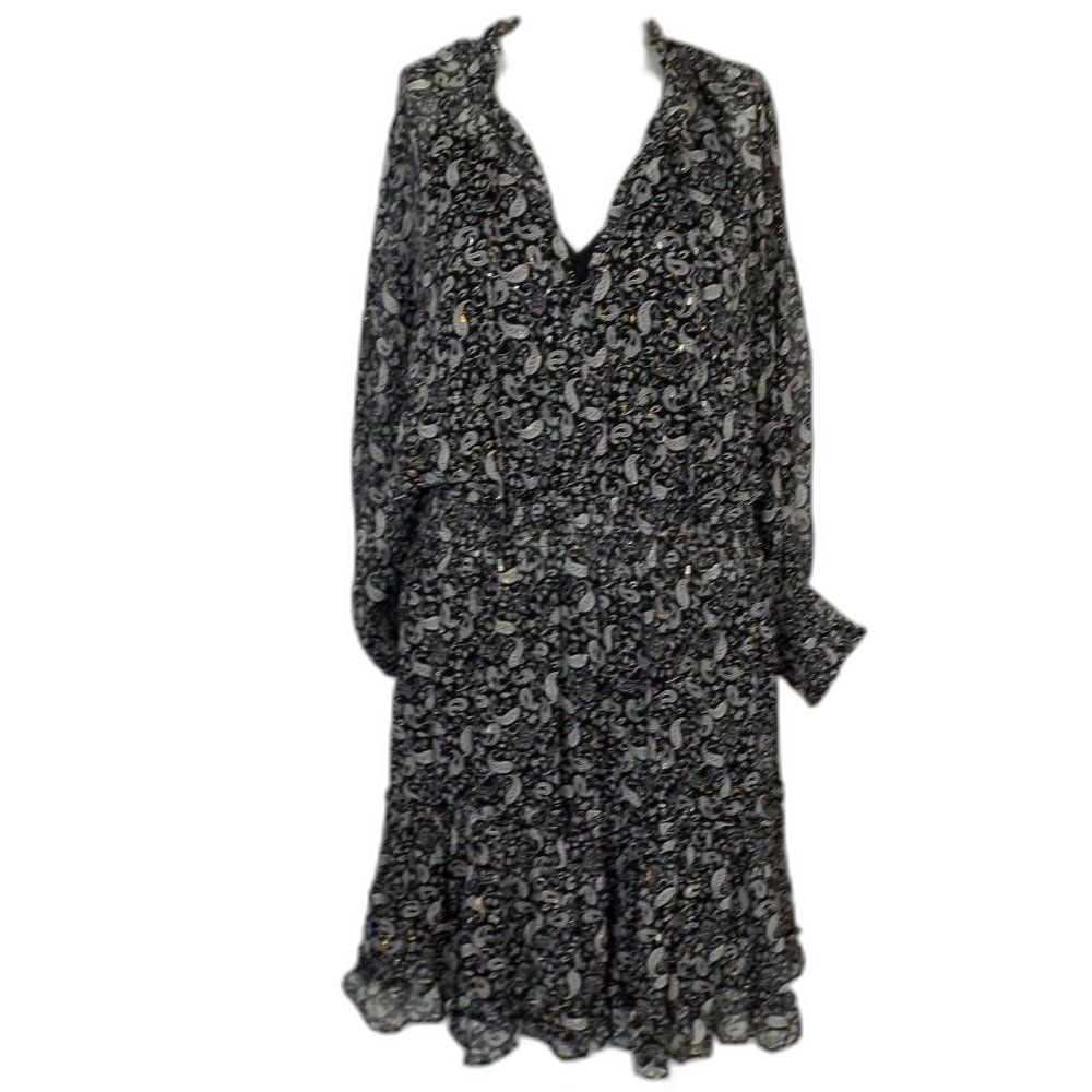 new LOVESTITCH Dress, L, Black/White Paisley, Smocked Waist/Cuffs, Attached Slip - Picture 11 of 15